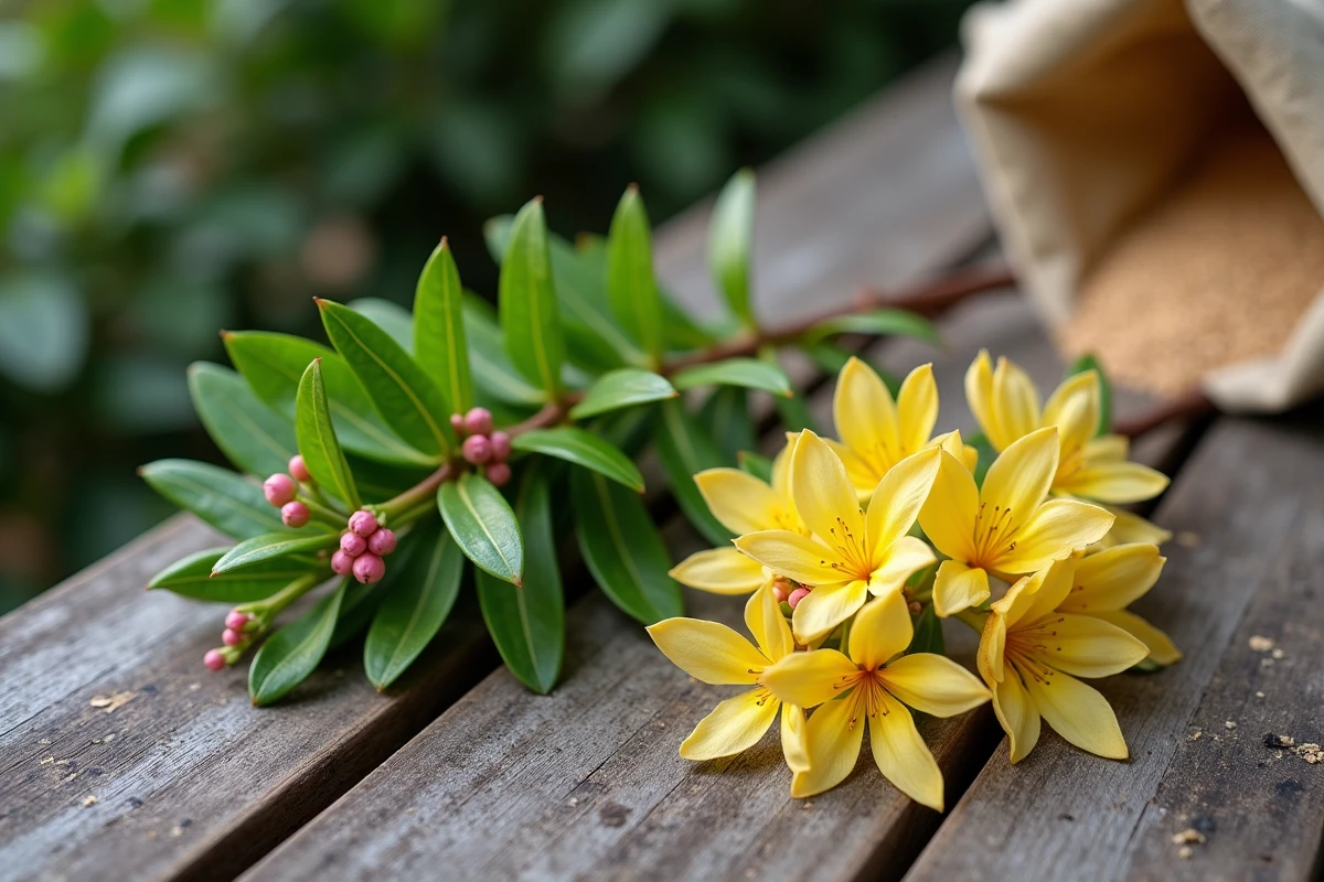 Comparaison entre une branche saine et une branche jaunie de laurier rose sur une table de jardin en bois