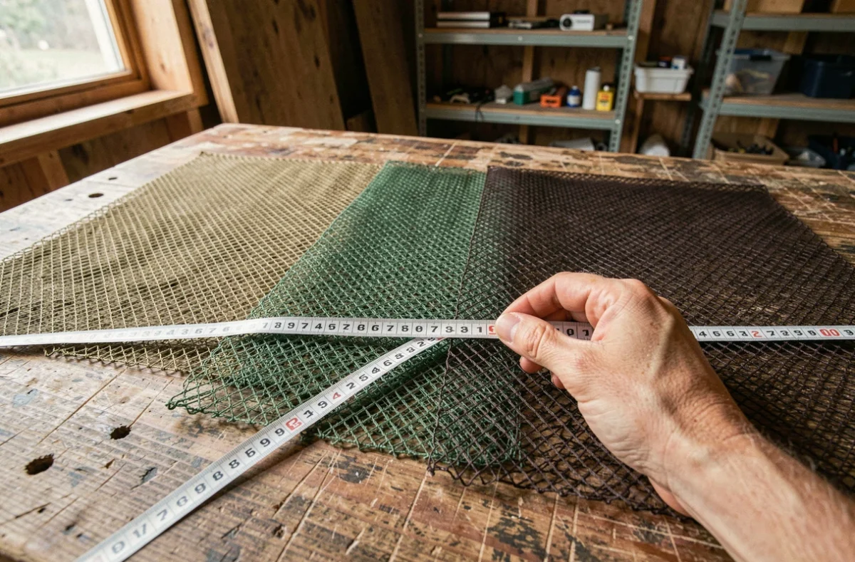 Comparaison de plusieurs échantillons de filets camouflage ombrage sur un établi en bois, détail de densité de maille et coloris
