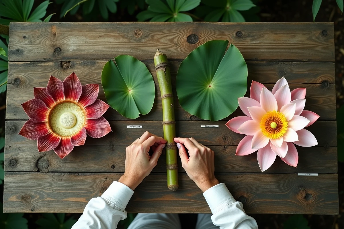 Comparaison botanique à plat de spécimens végétaux géants dont une pétale de Rafflesia et un nénuphar Victoria amazonica sur une table en bois, dans un jardin botanique tropical