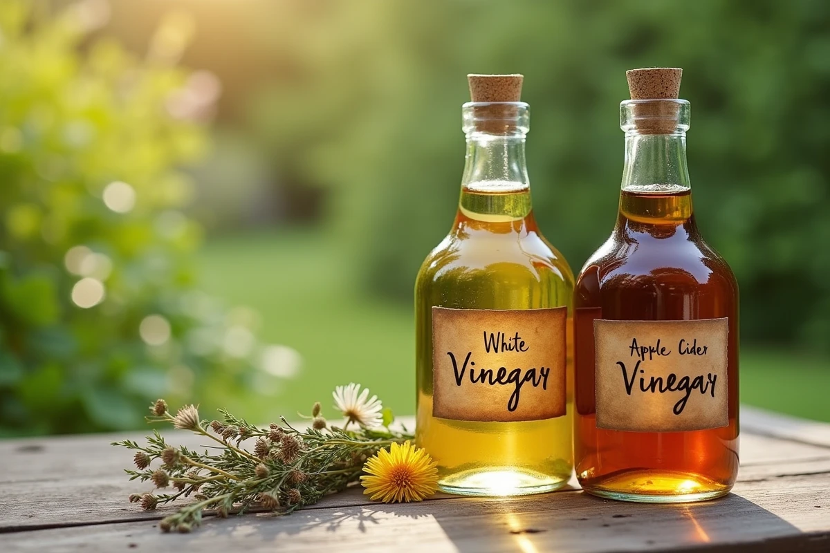 Deux bouteilles de vinaigre blanc et de vinaigre de cidre posées sur une table de jardin en bois avec des mauvaises herbes