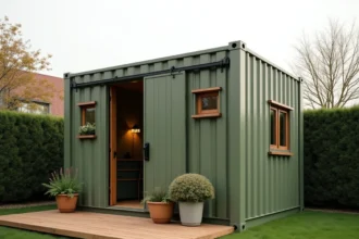 Conteneur maritime reconverti en abri de jardin avec terrasse en bois et plantes dans un jardin pavillonnaire