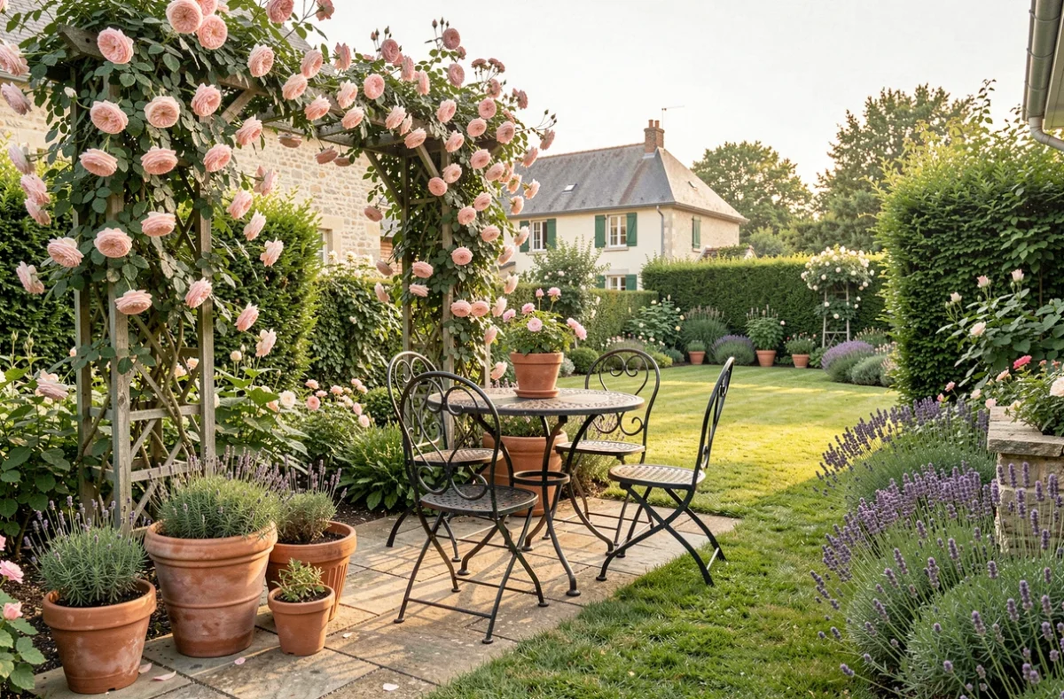 Jardin résidentiel aménagé par SLS Côté Jardin avec terrasse, rosiers grimpants et pelouse tondue