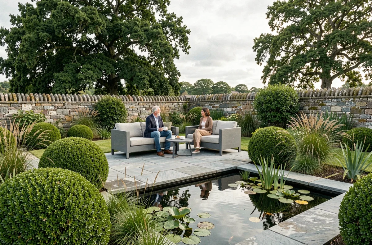 Terrasse en pierre avec jardin paysagé contemporain et bassin dans une propriété du Morbihan