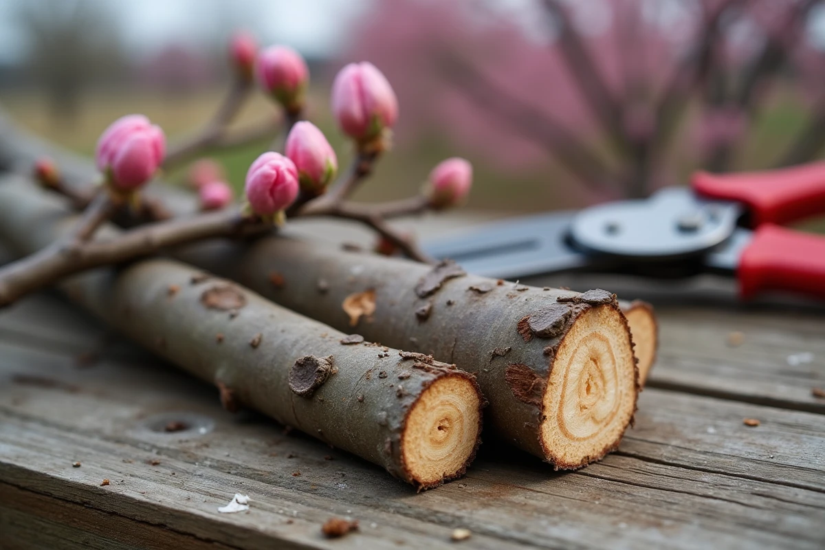 Gros plan sur des coupes nettes au sécateur sur des rameaux de prunus posés sur une table de jardin en bois