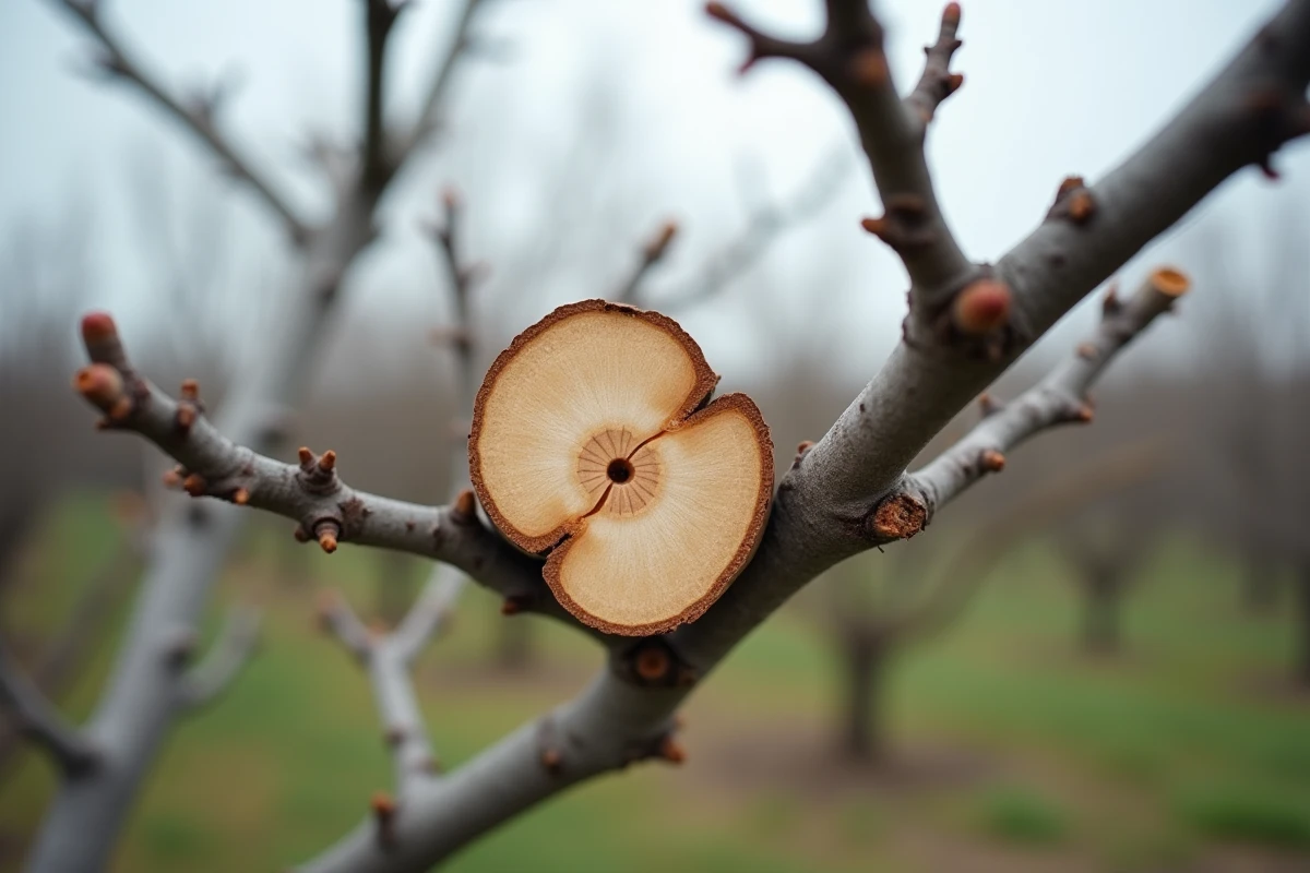 Gros plan sur les coupes de taille fraîches d'un prunier avec structure de branches aérée