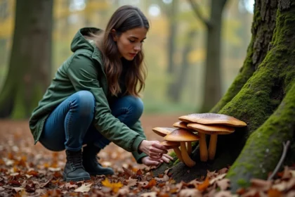 Jeune femme examine des champignons dans la forêt automnale