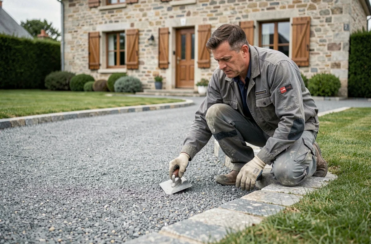 Pose d'une allée en graviers stabilisés par un paysagiste professionnel devant une maison bretonne