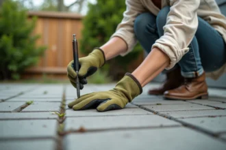 Femme en train de désherber les joints d'un pavé autobloquant sur une terrasse résidentielle avec un outil de désherbage manuel