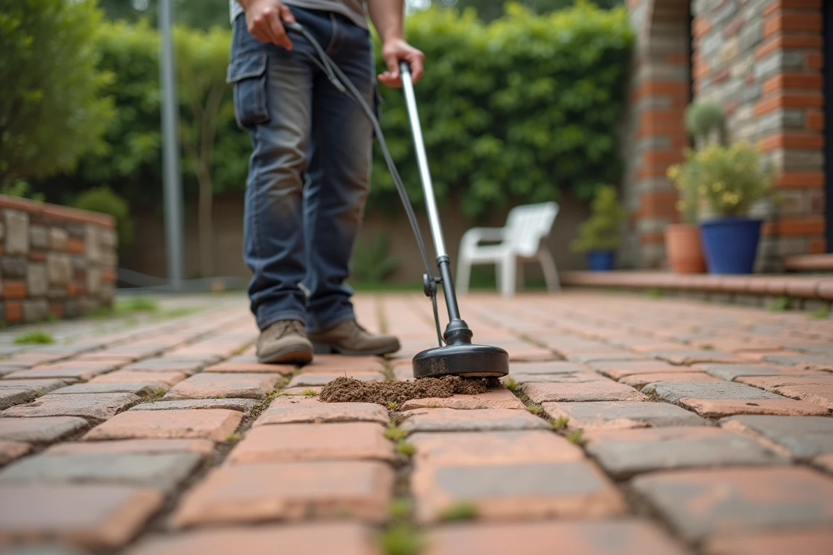 Homme utilisant un désherbeur thermique à flamme sur les joints de pavés autobloquants d'une terrasse extérieure