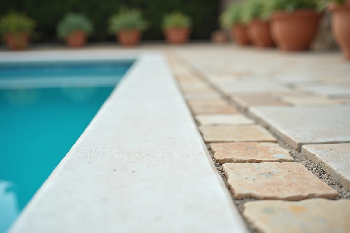 Détail de finition des margelles en travertin sur le bord d'une piscine coque avec joint d'étanchéité