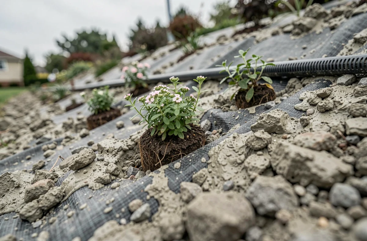 Détail de jeunes plants de thym et cotonéaster fixés sur un talus argileux avec géotextile et paillis de gravier