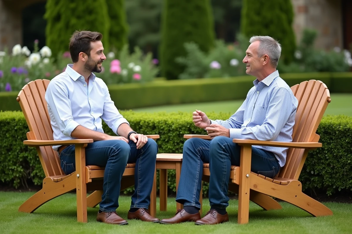 Deux hommes discutant dans un jardin avec fauteuils en teck