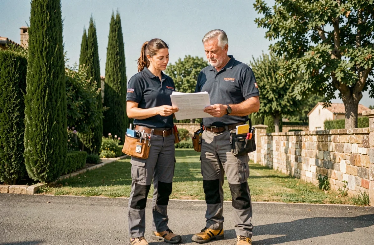 Deux élagueurs examinant un devis pour des travaux d'élagage dans un jardin à Montauban