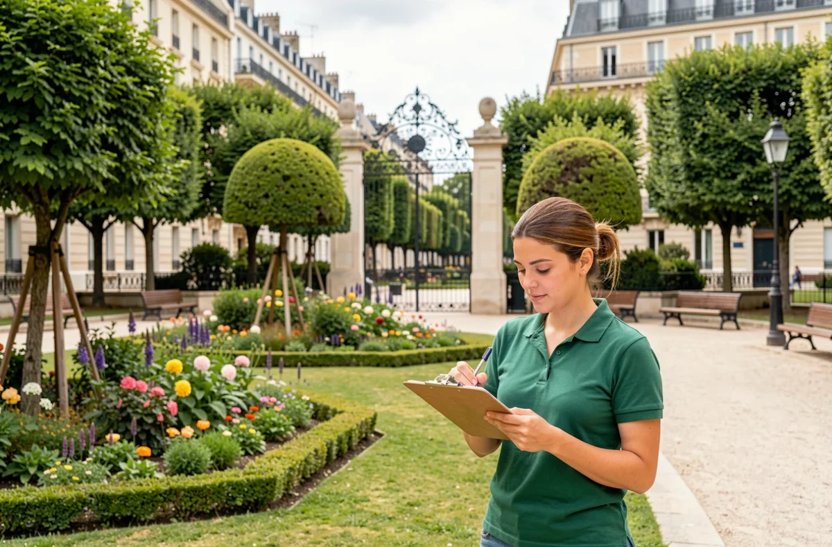 Technicienne paysagère de Diane Parcs et Jardins inspectant un parc public fleuri à Marseille avec massifs ornementaux