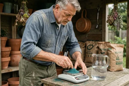 Jardinier dosant la bouillie bordelaise sur une balance de précision avec un pichet d'un litre d'eau posé sur un établi de jardin