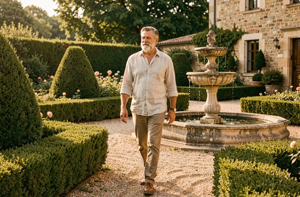 Paysagiste de Durif Paysage inspectant un jardin privé avec buis taillés, allées en gravier et fontaine en pierre à Marseille