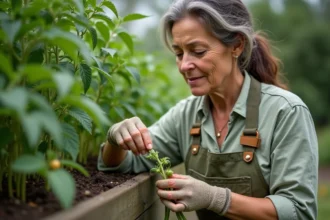 Femme jardinière en train d'ébourgeoner un pied de tomate dans un potager en plein air