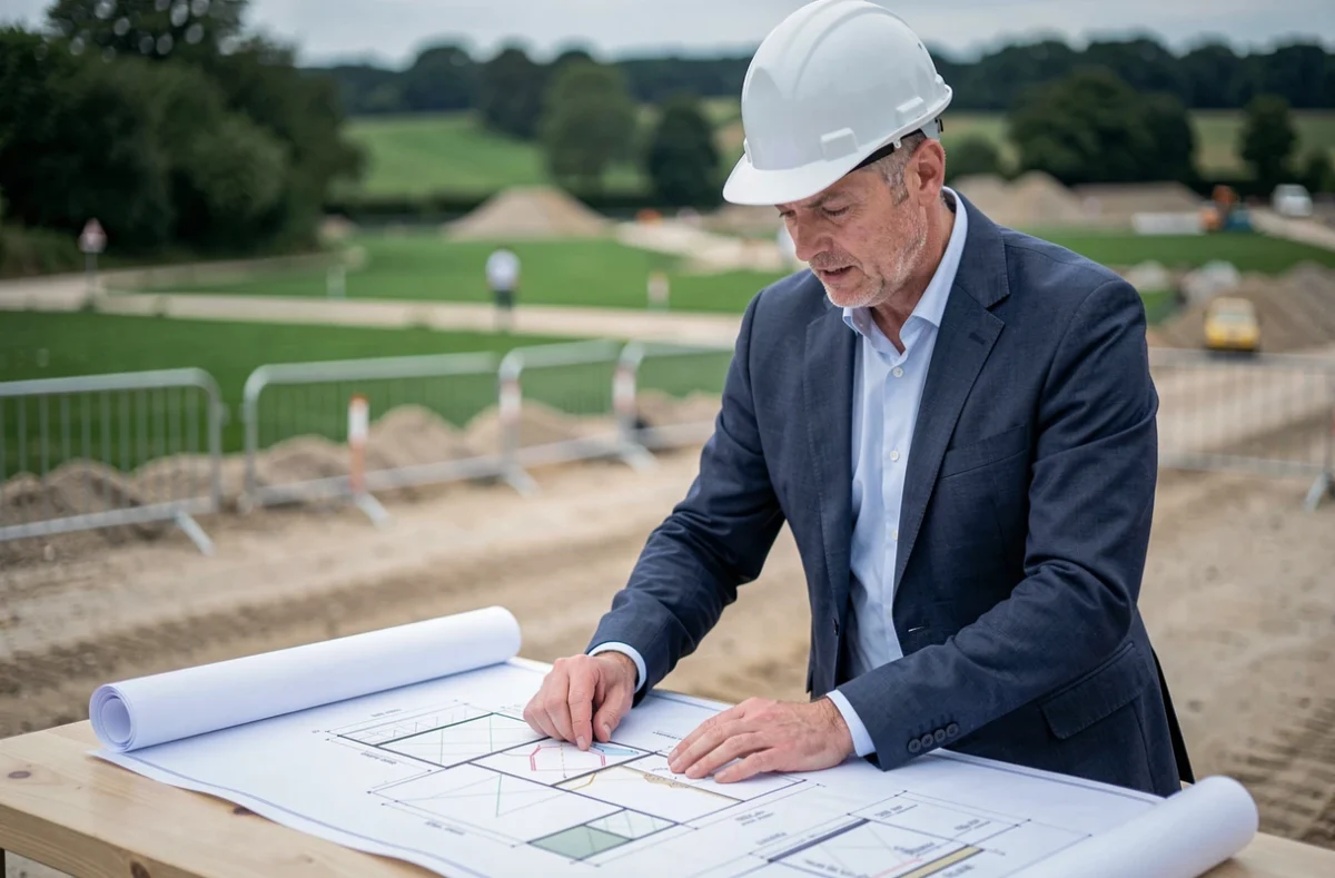 Architecte paysagiste d'Egis Bâtiments Centre Ouest examinant des plans sur un chantier d'espace vert urbain