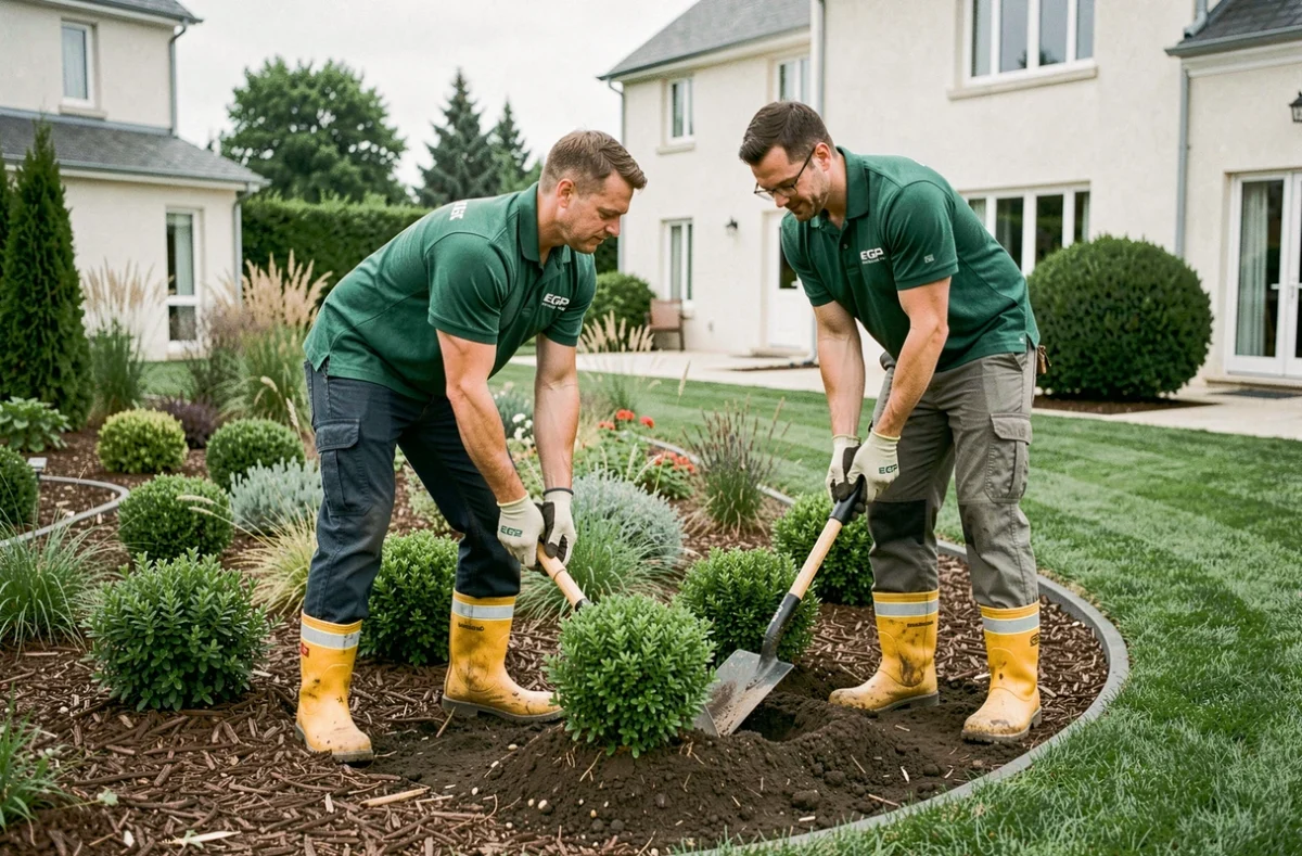 Équipe EGP Paysage plantant des arbustes ornementaux dans un jardin d'entreprise en Centre-Val de Loire