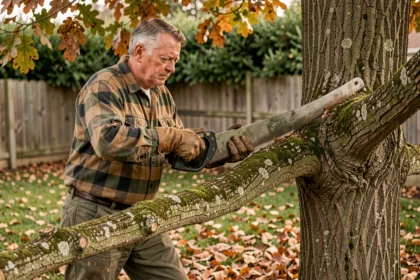 Homme élagant un chêne mature avec une scie d'élagage dans un jardin en automne
