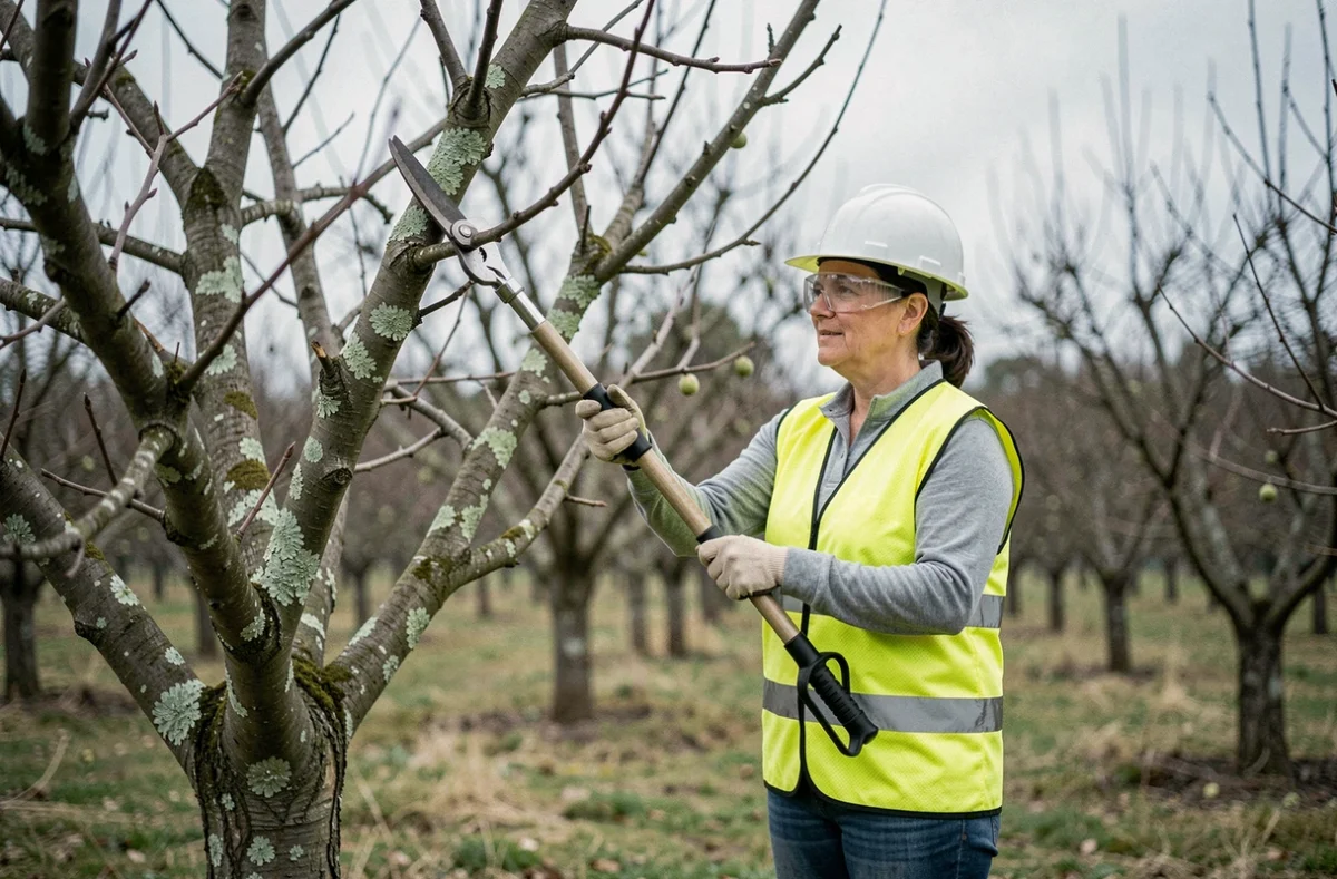 Femme élaguant un pommier dans un verger au printemps avec des outils de taille professionnels