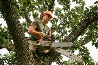 Élagueur professionnel en hauteur dans un chêne avec équipement de sécurité dans les Côtes-d'Armor
