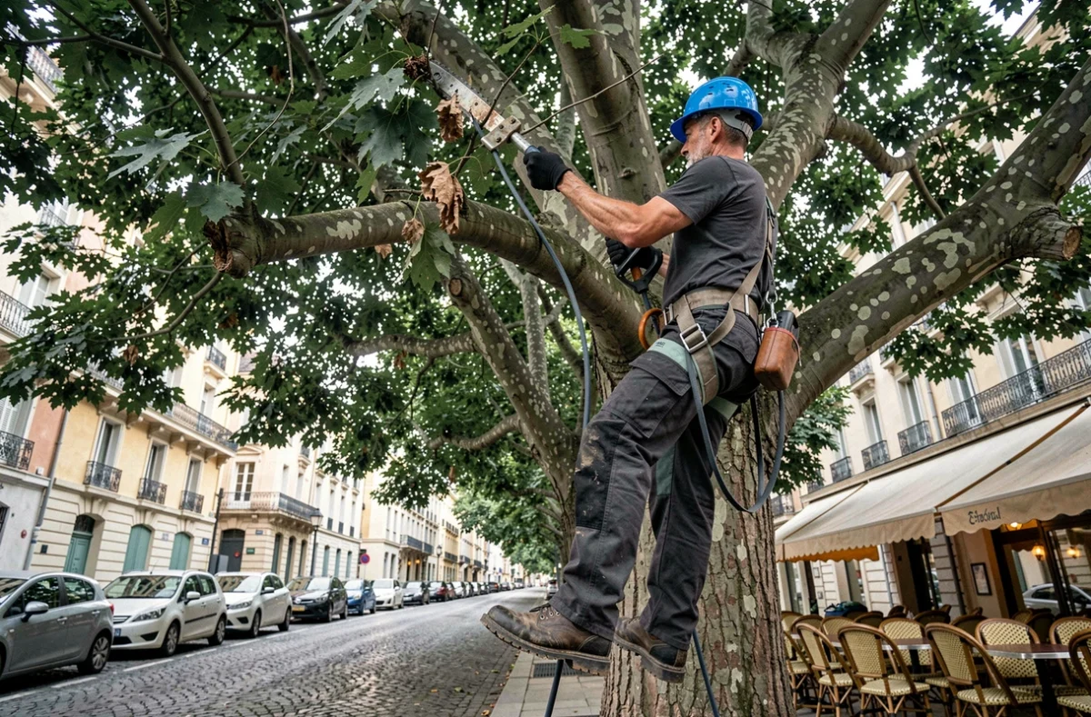 Élagueur en hauteur avec harnais de sécurité dans un platane d'une avenue de Montpellier
