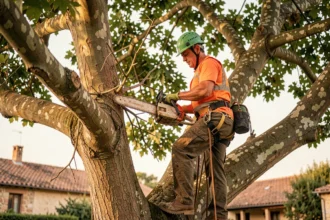 Élagueur professionnel en train d'élaguer un grand arbre dans un jardin résidentiel à Montauban