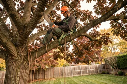 Élagueur professionnel perché dans un chêne mature en automne, portant équipement de sécurité complet, réalisant une taille de branches en hauteur dans un jardin résidentiel