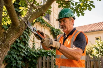 Élagueur professionnel en tenue de sécurité taillant un arbre dans un jardin résidentiel de Montpellier