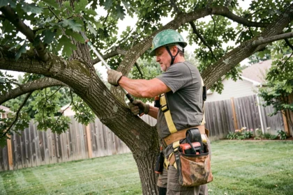Élagueur professionnel en tenue de sécurité taillant une branche de chêne dans un jardin suburban