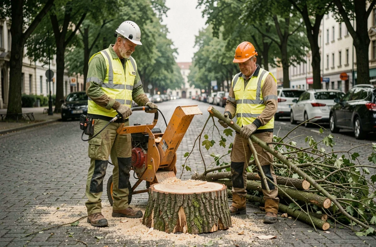 Deux élagueurs en gilet haute visibilité broyant des branches au pied d'un tilleul élagué sur un boulevard urbain, avec broyeur à bois professionnel