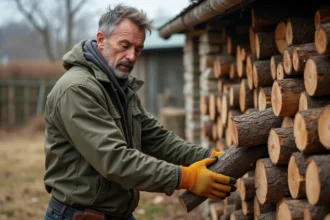 Homme empilant des bûches de chêne fendues en stère dans une cour de ferme rurale en automne