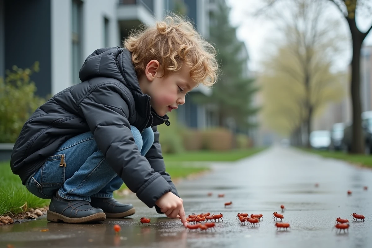 Enfant pointant des petits insectes rouges sur le trottoir