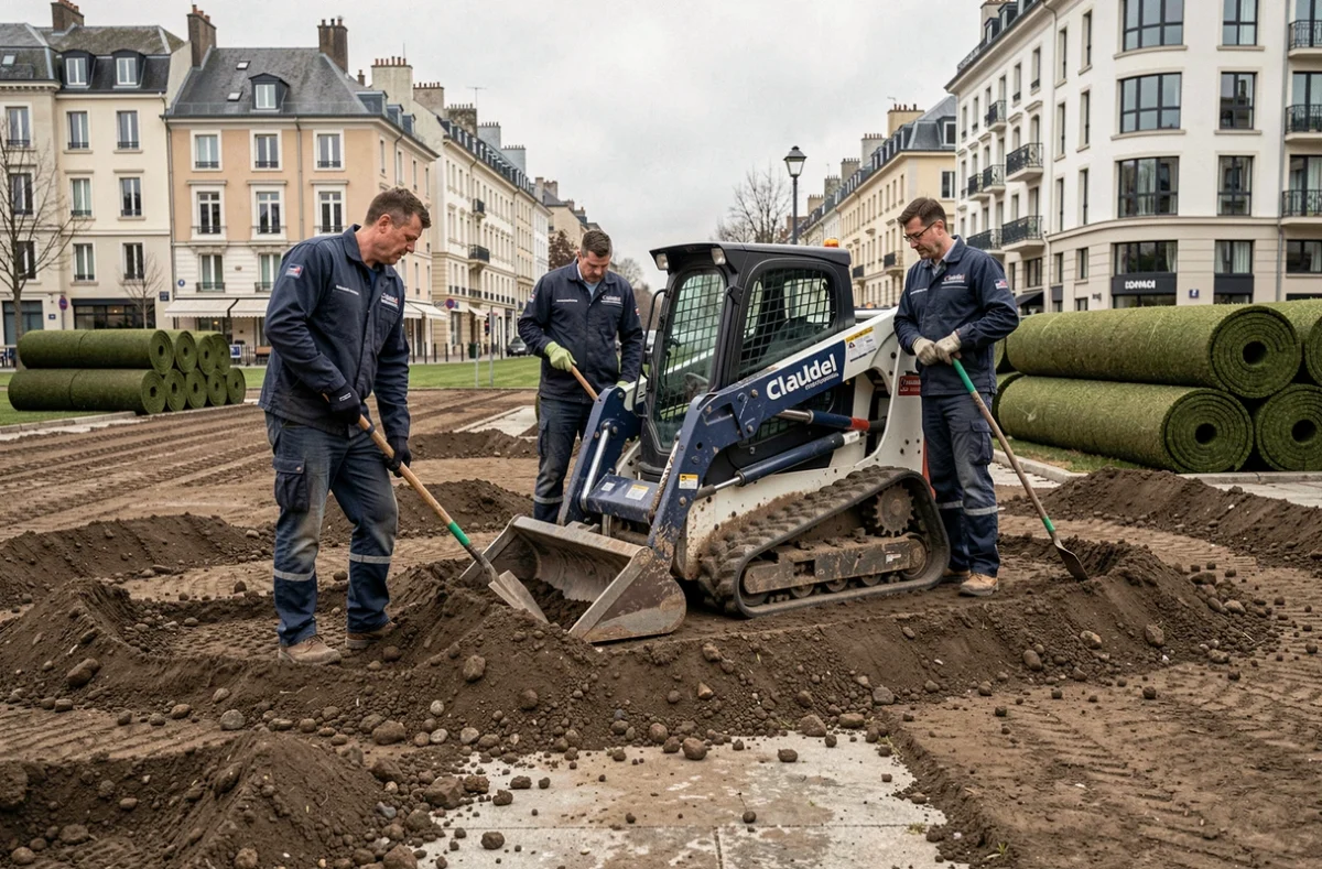 Équipe de l'Entreprise Claudel préparant un chantier paysager commercial avec engin de terrassement