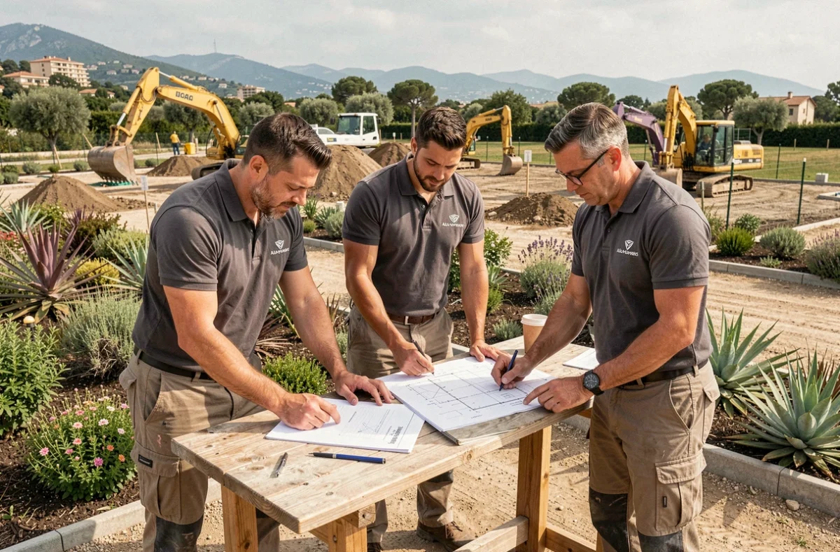 Équipe de paysagistes du réseau Les Entreprises du Paysage UNEP 06 réunis autour d'un plan de chantier sur un grand projet dans les Alpes-Maritimes
