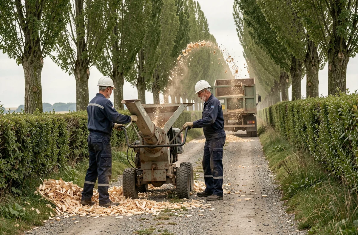 Équipe d'élagueurs utilisant un broyeur de branches sur une route de campagne en Côtes-d'Armor