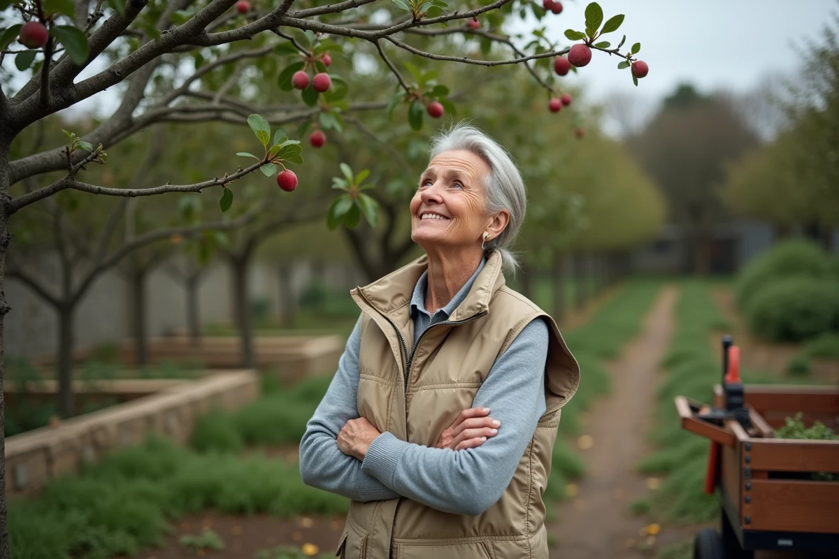 Femme évaluant la forme naturelle d'un prunier après taille dans un jardin potager