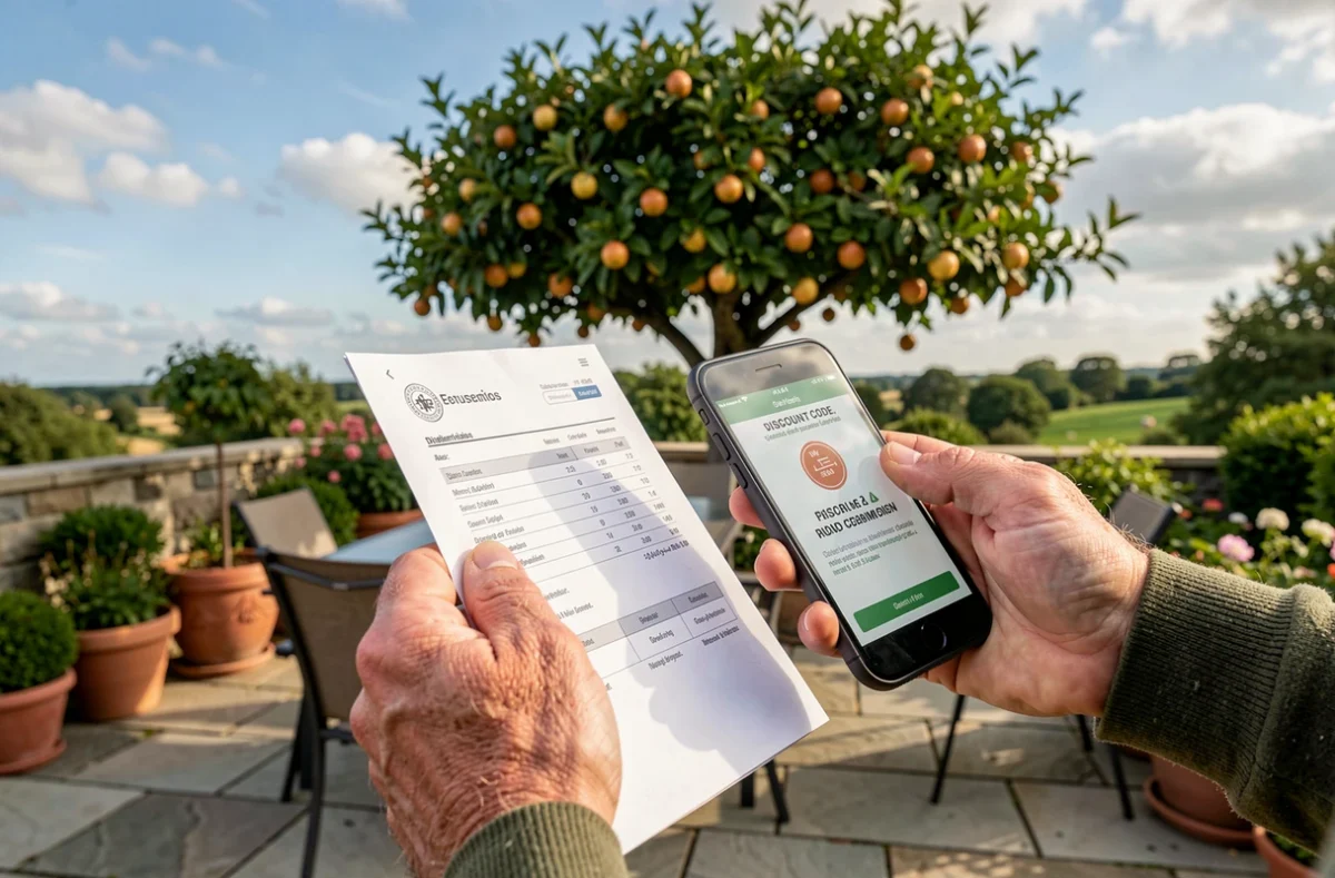 Mains tenant une facture d'élagage et un smartphone avec un code de réduction confirmé dans un jardin
