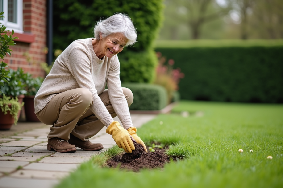 Femme âgée inspectant la pelouse après l