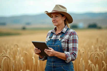 Femme agricultrice en champs de blé doré avec tablette
