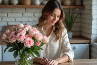 Jeune femme arrangeant un bouquet de roses et tulipes