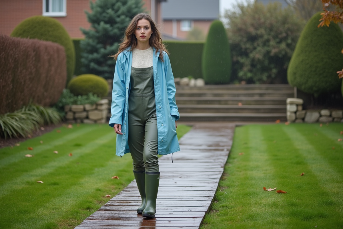Jeune femme en bottes et imperméable sur passerelle
