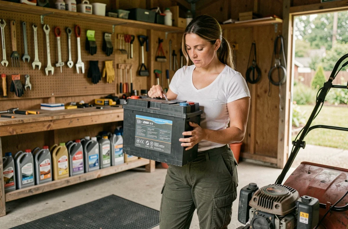 Femme inspectant une batterie lithium-ion de tondeuse à gazon dans un atelier de jardin organisé