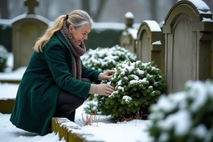 Femme en manteau vert brossant la neige sur un bergenia au cimetière