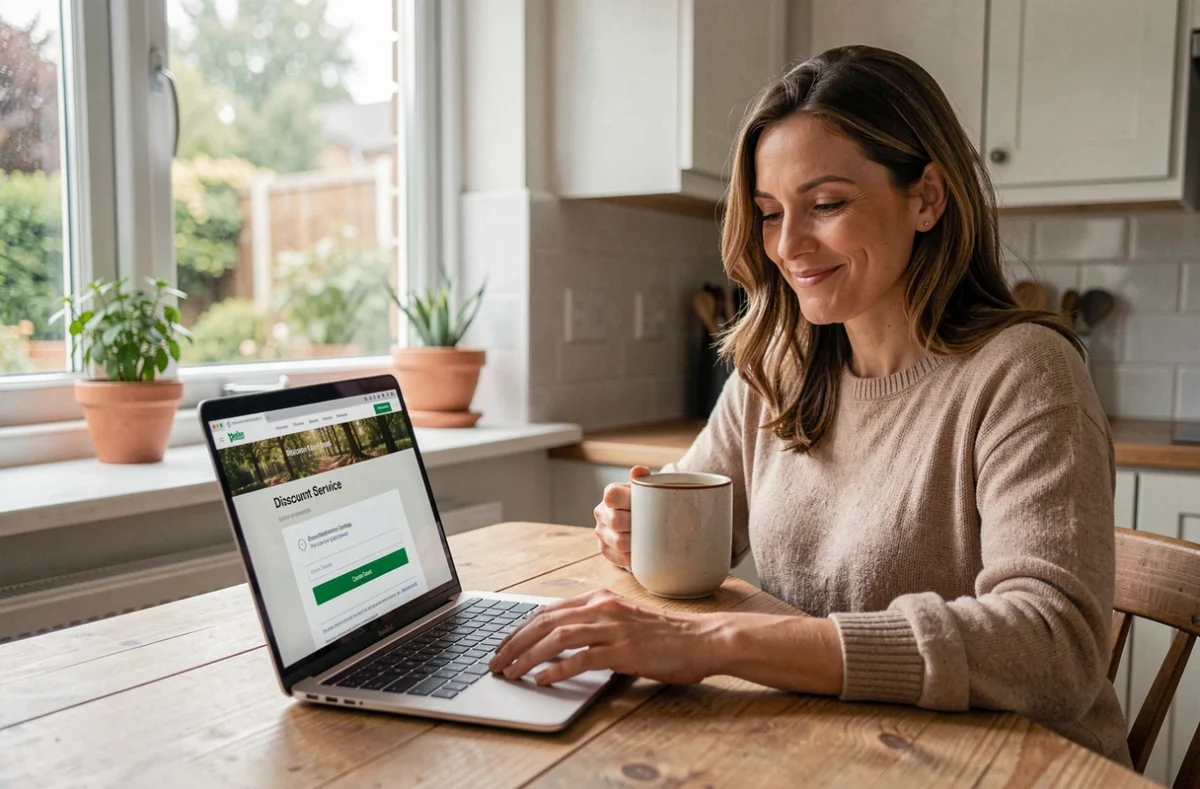 Femme utilisant un code promo en ligne pour réserver un service d'élagage depuis sa cuisine