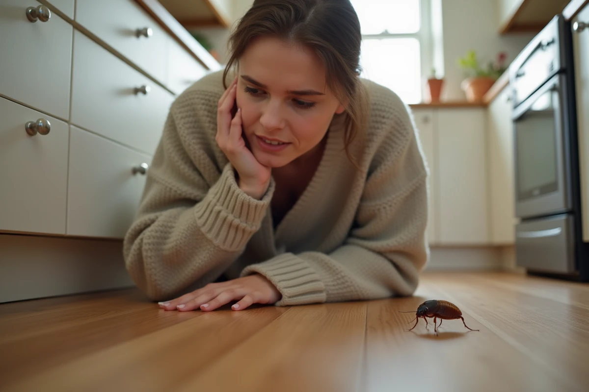 Jeune femme observant un cafard dans une cuisine moderne