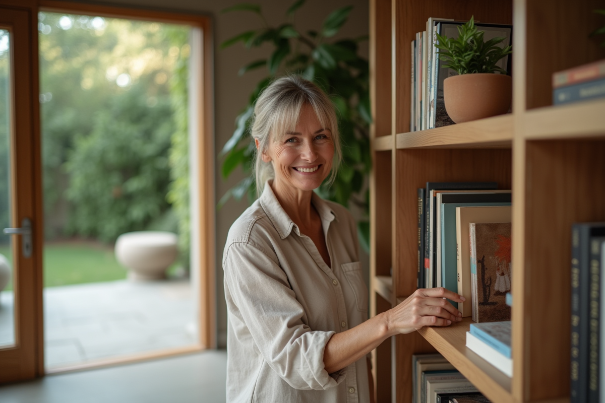 Femme arrangeant des livres dans un salon moderne