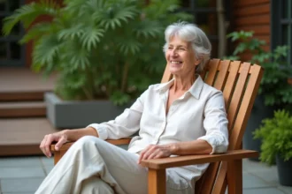 Femme en linen détendue dans un fauteuil en teck