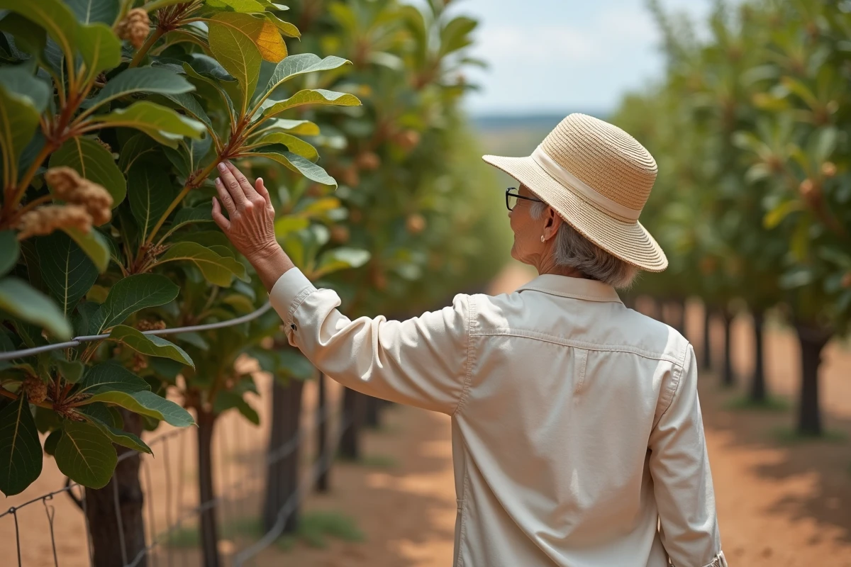 Femme âgée marchant près des figuiers dans un verger